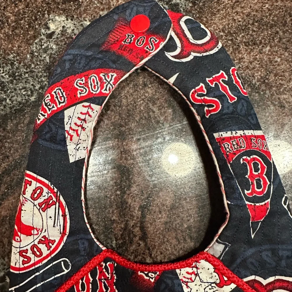 Handmade reversible quilted baby bib in Boston Red Sox design